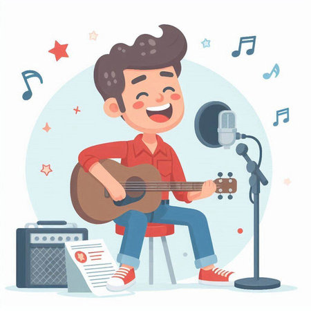 Man playing guitar and singing into a microphone. Vector flat cartoon illustrationのイラスト素材