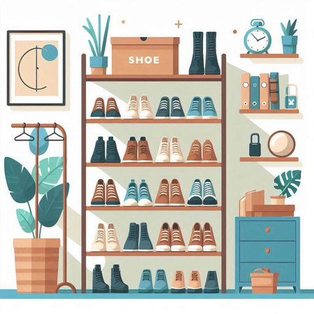 Fashion store shelves with different shoes and accessories. Vector illustration.のイラスト素材