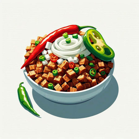 Illustration of a bowl of spicy tofu salad with chili peppers.のイラスト素材