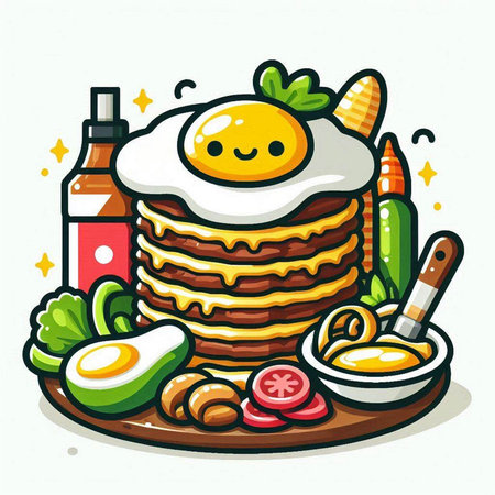 Fried egg with pancakes and vegetables on plate. Vector illustration.のイラスト素材