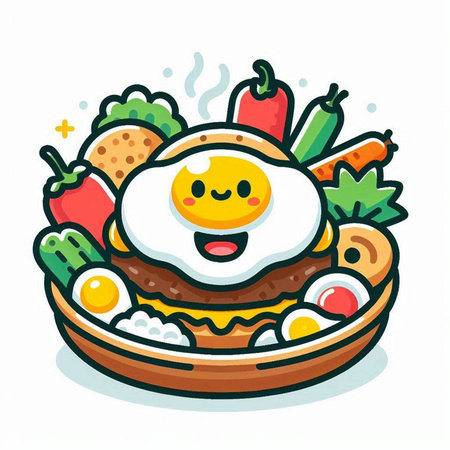 Illustration of fried egg in bowl with vegetables on white background.のイラスト素材