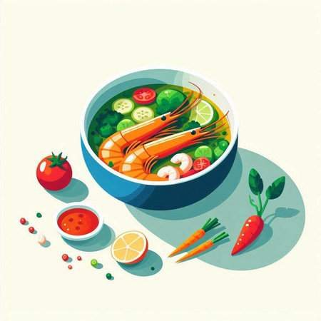 Illustration of soup with shrimps and vegetables in a bowlのイラスト素材