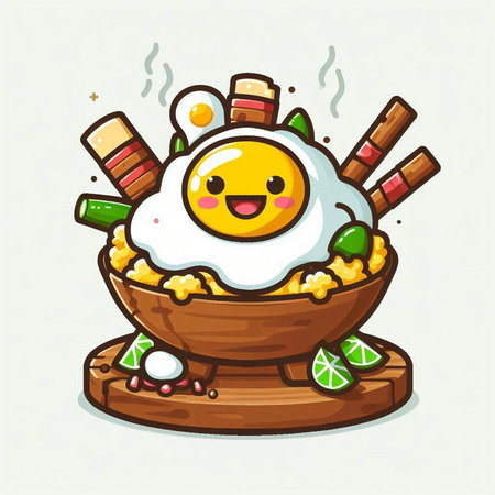 Kawaii illustration of a bowl of rice with fried egg.のイラスト素材