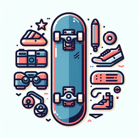 Skateboard and skateboard equipment. Modern flat line art style vector illustration.のイラスト素材