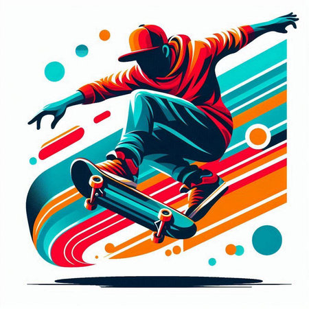 Vector illustration of a skateboarder jumping on a colorful background.のイラスト素材