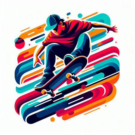 Skateboarder jumping on colorful abstract background. Vector illustration.のイラスト素材