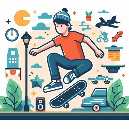 Skateboarder riding a skateboard. Flat vector illustration.のイラスト素材