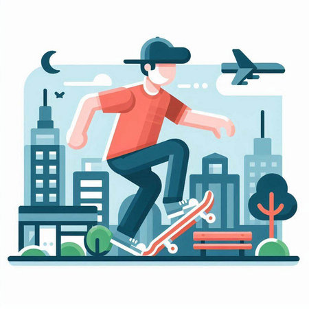 Skateboarder riding skateboard in city. Flat vector illustration.のイラスト素材