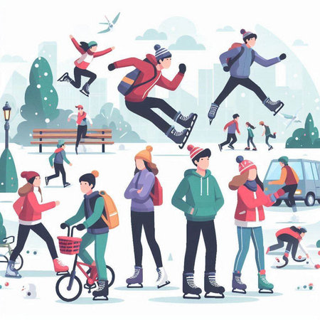 People riding on ice skates, skateboarding, skating in the park, vector illustrationのイラスト素材