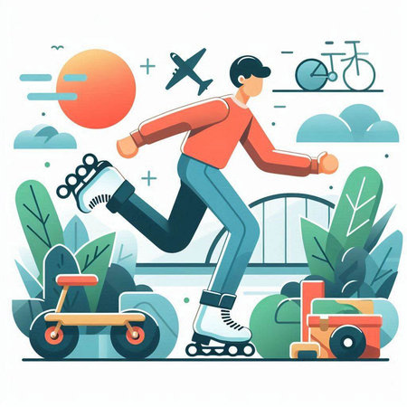 Vector illustration of a man riding a scooter in the park.のイラスト素材
