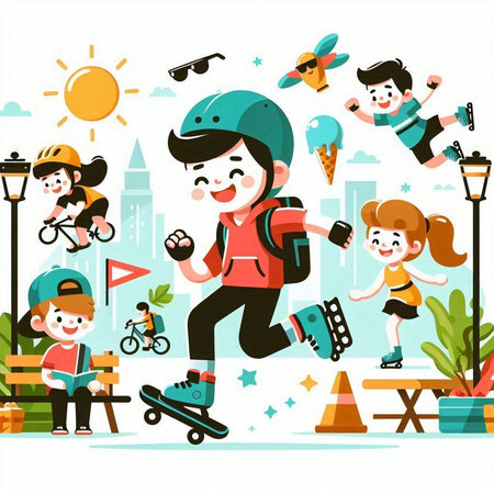 Children riding skateboard, skateboarding, roller skates, vector illustrationのイラスト素材