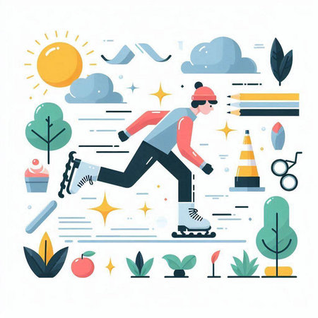 Vector illustration of a man riding on roller skates on the road.のイラスト素材