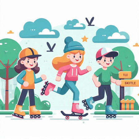 Children on roller skates in the park. Flat style vector illustration.のイラスト素材