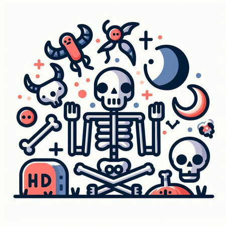 Vector illustration of halloween flat line icons set. Skulls, bones, crossbones, spider, moon, skull, bat, cauldron, skull, crossbones, crossbones.のイラスト素材