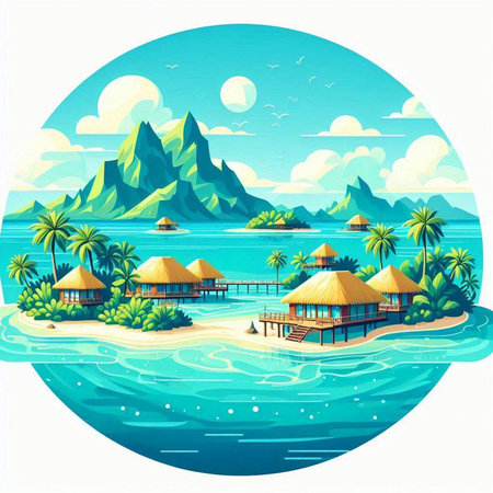 Tropical island with bungalows and palm trees. Vector illustrationのイラスト素材