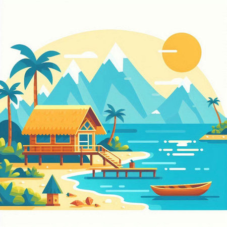 Landscape with wooden house on the beach, palm trees and a boat. Vector illustrationのイラスト素材