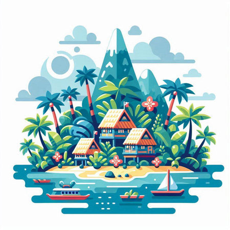 Tropical island with bungalows and palm trees. Vector illustrationのイラスト素材
