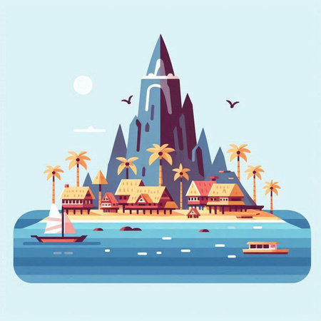 Tropical island with palm trees. Vector illustration in flat styleのイラスト素材