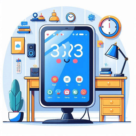 Vector illustration of modern home office workspace with computer, laptop, coffee cup, books, clock, table lamp and other objectsのイラスト素材