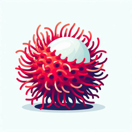 Illustration of a red virus with a white sphere on a blue backgroundのイラスト素材