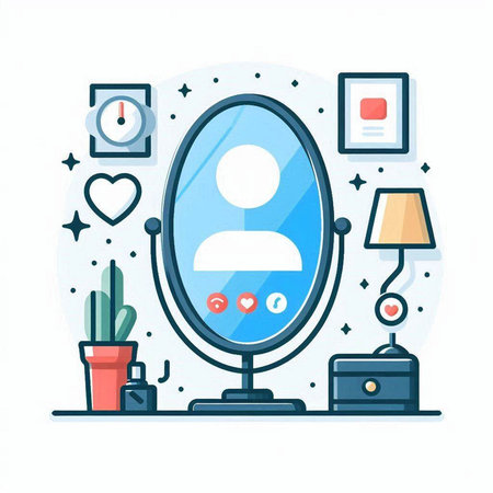 Vector illustration of a girl in front of a mirror. Flat style.のイラスト素材