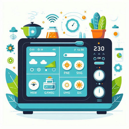 Vector illustration of microwave oven with different icons. Flat design style.のイラスト素材