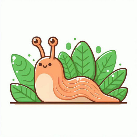 Cute snail with green leaves. Vector illustration on white background.のイラスト素材