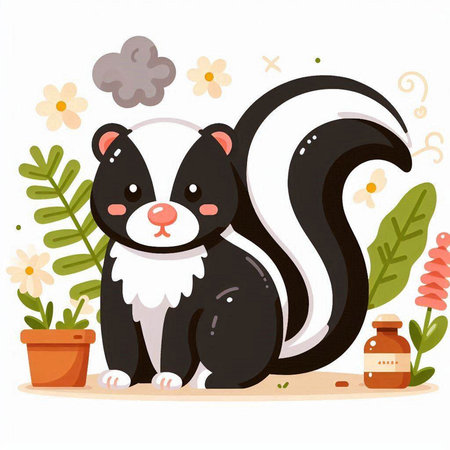 Vector illustration of a cute skunk sitting next to a flower pot.のイラスト素材