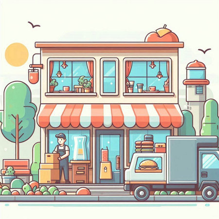 Coffee shop with food truck and people. Vector illustration.のイラスト素材