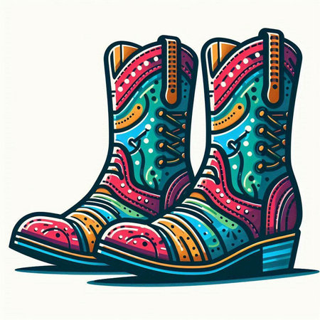 Hand drawn vector illustration of a pair of women's boots with abstract patterns.のイラスト素材