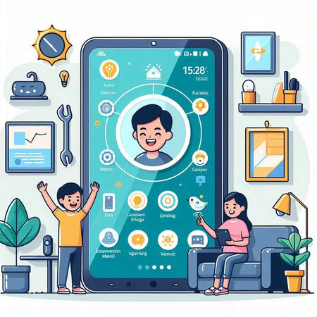 Customer support service concept. Young man and woman sitting on sofa at home and using mobile phone. Vector illustrationのイラスト素材