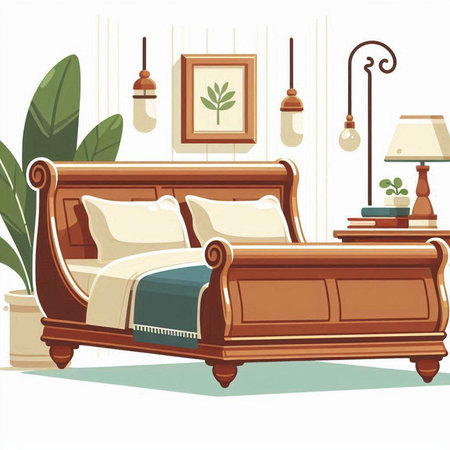 Bedroom interior with furniture. Vector illustration in cartoon style. Bedroom in a flat style.のイラスト素材