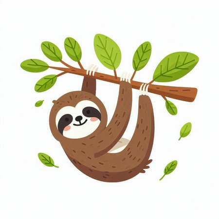 Cute cartoon sloth hanging on a tree branch. Vector illustration.のイラスト素材