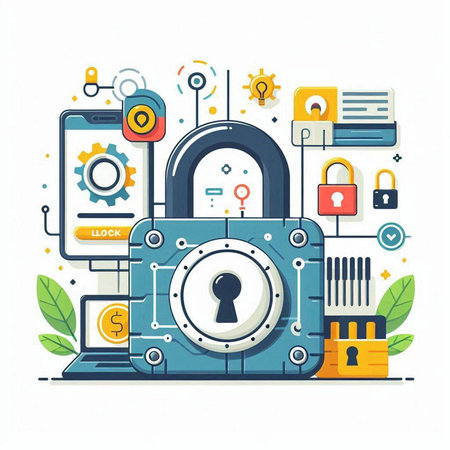Cyber security concept with padlock and icons. Vector illustration.のイラスト素材