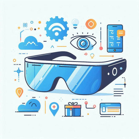 Virtual reality glasses and icons set. Vector illustration in thin line style.のイラスト素材