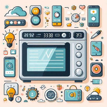 Vector illustration of modern flat design household appliances icons set - microwave, oven, smartphone, tablet, smart watch, headphones, microphone, headphones, speaker, microphone, light bulb, headphones.のイラスト素材