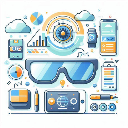 Virtual reality glasses with different icons and symbols. Modern vector illustration.のイラスト素材