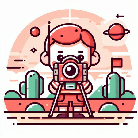 Cute boy in astronaut costume with camera. Vector illustration in flat styleのイラスト素材