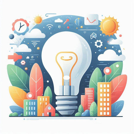 Modern flat design vector illustration concept of creative idea and innovation. Creative light bulb in the city.のイラスト素材