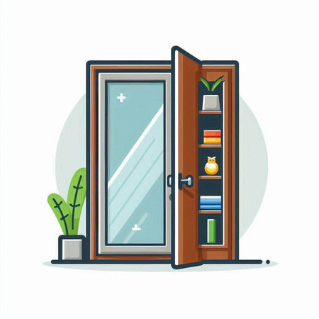 Door with bookshelves and plants. Vector illustration in flat styleのイラスト素材