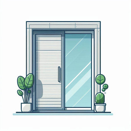 Illustration of a closed door with a plant on a white backgroundのイラスト素材