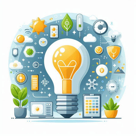 Flat design modern vector illustration concept of big idea and innovation. Creative light bulb with business icons around.のイラスト素材