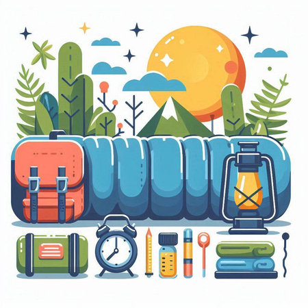 Camping equipment flat vector illustration. Luggage, backpack, flashlight, compass and other camping equipment.のイラスト素材