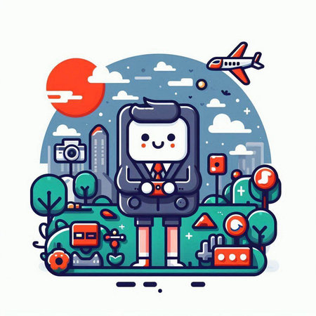 Businessman going to travel by plane. Vector illustration in flat styleのイラスト素材