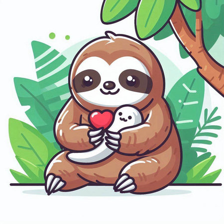 Cute cartoon sloth holding a red heart in its paws.のイラスト素材