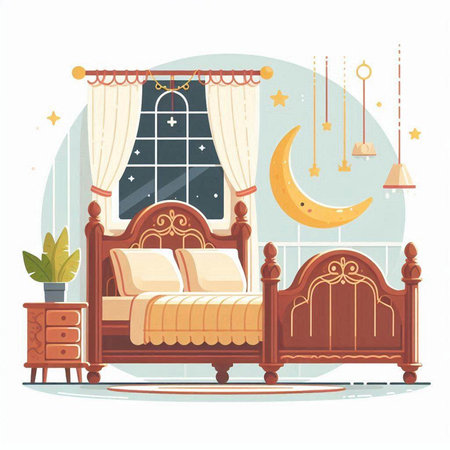 Bedroom interior with double bed, lamp, nightstands, window, potted plant and crescent moon. Vector illustration.のイラスト素材