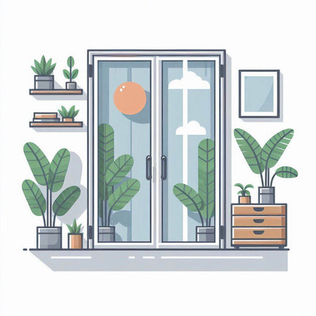 Modern flat design vector illustration of living room interior with door and plants.のイラスト素材