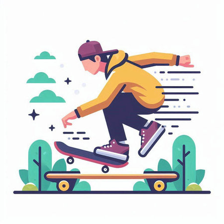 Skateboarder riding on skateboard. Flat vector illustration.のイラスト素材