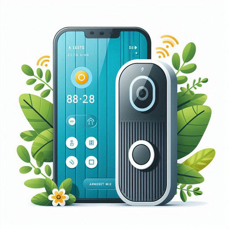 Smartphone with speaker on the background of green leaves. Vector illustration.のイラスト素材