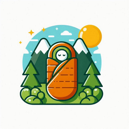 Vector illustration of a baby on the background of mountains and forest.のイラスト素材